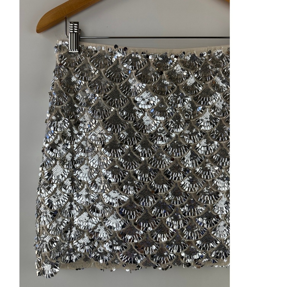 Sans Souci Silver Scalloped Sequin Mini Skirt Womens Large Art Deco Fan Party - Picture 3 of 11